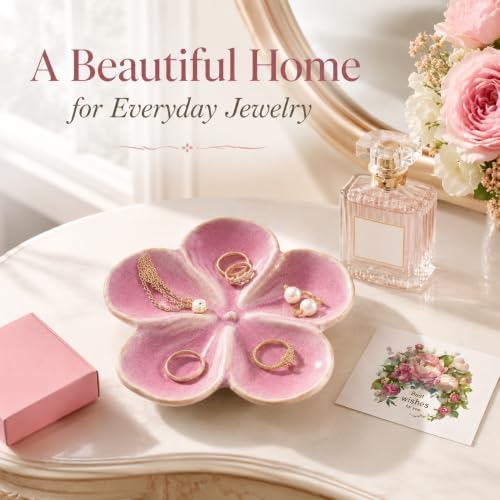 Ceramic Flower Jewelry Ring Trinket Dish Tray, Gifts for Women, Pearl Pink - Image 4