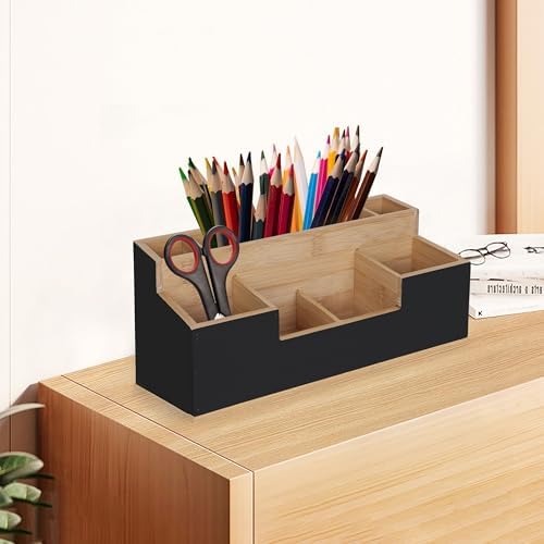 Relaxdays Bamboo Desk Organiser, 7 compartments, HxWxD: 11x30x15 cm, Office Storage, Desk Box, Black/Natural - Image 3