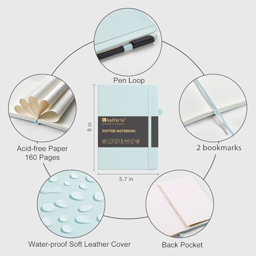 &And Per Se Dotted Notebook with Pen, A5 Hardcover Dotted Journal, 160 Pages 100GSM Thick Paper Dot Grid Journal with Fineliner Pen (Cyan) - Image 2
