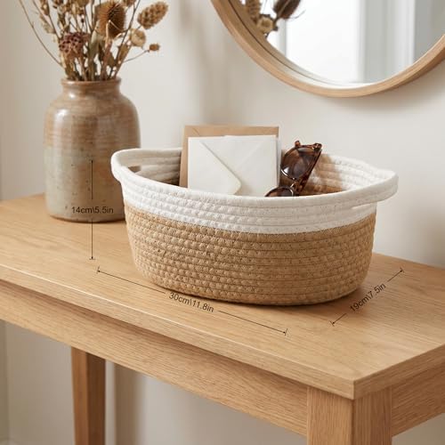 Small Cotton Rope Basket - White Woven Storage Basket with Handles, Desktop Organizer for Keys, Remotes, Makeup, Soft Decorative Bin for Bathroom, Office Shelf (White/Khaki) - Image 3