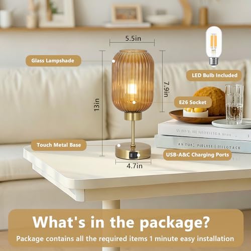 LAMSU Vintage Gold Touch Table Lamp, Small Desk Lamp with Amber Glass Shade, Bulb, Charging Port, Mid Century Modern Bedside Lamp, 3 Way Dimmable Nightstand Lamp for Bedroom Living Room Home Office - Image 4