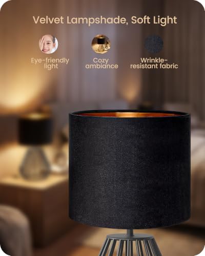 Black Table Lamp,12.6" Small Bedside Lamp, Velvet Lampshade - Image 5