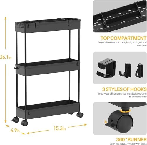 2 Pack 3 Tier Slim Storage Cart, Bathroom Rolling Utility Organizer - Image 2