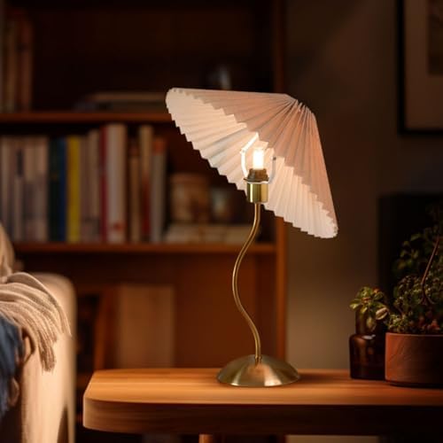 KUNJOULAM Small Pleated Table Lamp, Bedside Nightstand Lamp with Beige Lampshade, Morden Mini Lamp for Bedroom Home Office Decor, Bulb not Included - Image 4