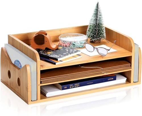 ZOOFOX Cute Cat-Shaped Bamboo Desk Organizer, 3-Tier Paper Letter Tray with 2 Vertical Mail Slots, Wooden Desktop File Holder and Sorter for Office Home by zoofox