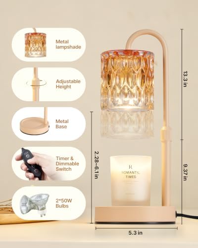 CASTLELIFE Dimmable Candle Warmer Lamp with Timer, Height Adjustable Candle Warmer for Jar Candles, Electric Wax Melt Warmer for Home Decor House Warming Gifts, Birthday Gifts for Women, Apricot-Glass - Image 2