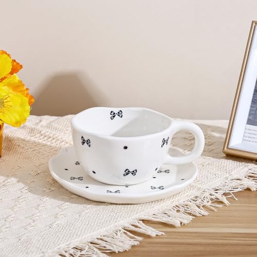 Koythin 8.5oz Handmade Ceramic Mug With Saucer, Black Small Bow Latte Cup by Koythin