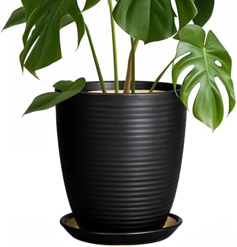 Ceramic Plant Pot - 8 Inch Ceramic Planter for Indoor Plants Glazed Round Flower Pot with Drainage Hole and Saucer Black by EPFamily
