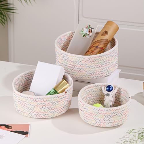 Small Basket Cotton Rope Woven Baskets for Organizing Cute Mini Tiny Baskets for Nursery Decorative Boho Round Storage Bathroom Organization Bin Open Storage Bins (Colorful white) - Image 3