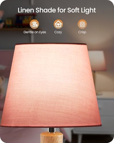 12" Wood Bedside Table Lamps Set of 2, Small Desk Lamps for Small Places, 3 Color Temperatures with Memory, Pink Linen Shade & E26 Bulbs, for Bedroom Living Room Office MP13TLP205 - Image 4