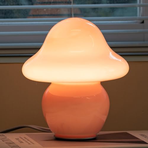 HEQET Mushroom Lamp Pink Glass Mushroom Table Lamp for Bedrooms, Living Room, Aesthetic Lamps for Bedroom, Cute Bedside Lamp by HEQET
