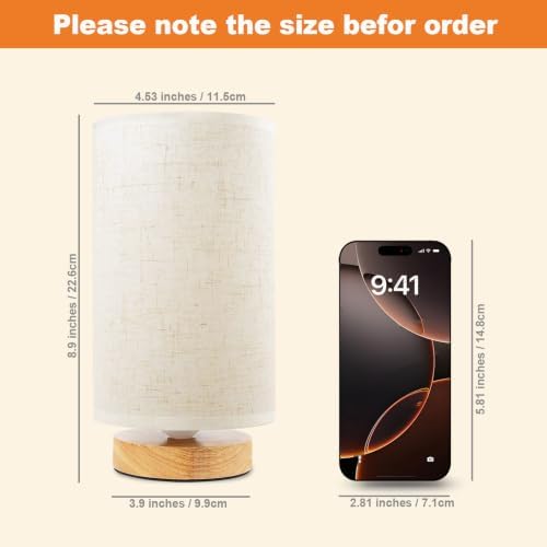 Small Bedside Table Lamp for Bedroom, Minimalist Wood Base & Round Fabric Shade, Mini Cute Cozy Warm White Nightstand Boho Lamp, Study Desk Night Stand Light for Room, Dorm, Nursery, Living Room - Image 3