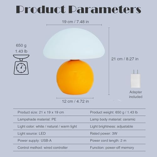 Cute Small Mushroom Lamp, PE Lampshade, Ceramic Base, Adjustable Light Color and Brightness with Power-Off Memory, Safe USB Powered, LED Mushroom Light for Bedroom Living Room (Orange) - Image 6
