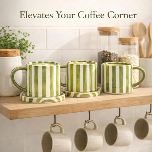 8oz Handmade Ceramic Espresso Mug with Coaster, Speckled Glaze Aesthetic Coffee Cup, Minimalist Striped Cappuccino Flat White Mug, Microwave Safe (green) - Image 4