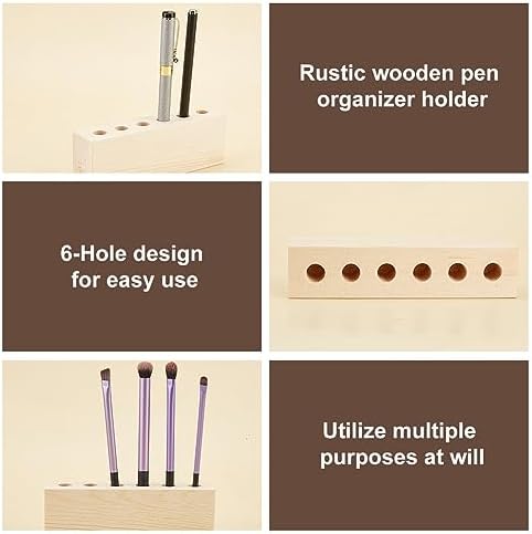 OLYCRAFT 6-Hole Wood Desktop Pen Holder with 12mm Round Hole Fountain Pens Stand Rustic Wooden Pens Organizer Office Desk Holder for Pen Storage Display Fountain Collection - Image 4