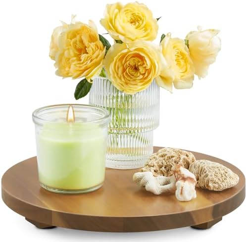 Small Round Decorative Tray Acacia Wood Bathroom Counter Organizer Pedestal Stand Farmhouse Kitchen Decor Wooden Riser for Soap Dish, Perfume, Candle, Sponge, 9" by Unknown