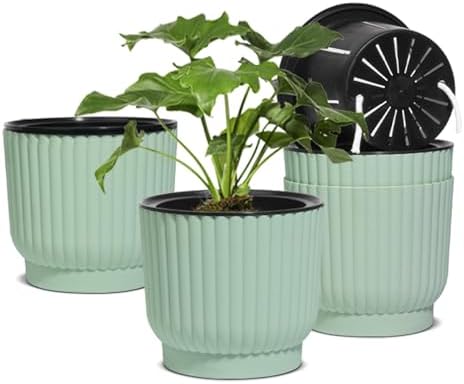 T4U Self Watering Pots for Indoor Plants, 7 Inch 4 Pack Planter Green by T4U