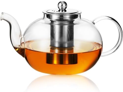 50OZ/1500ML Glass Teapot with Stainless Steel Removable Infuser & Lid, Stovetop & Microwave Safe Clear Borosilicate Glass Tea Maker Water Kettle for Loose Leaf Blooming Tea by GURUDAR