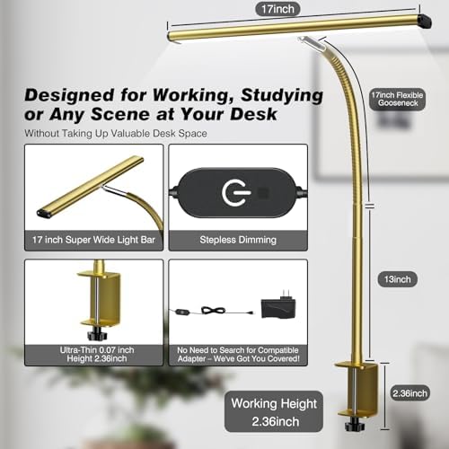 Airlonv LED Desk Lamp with Clamp, 17" Stepless Dimming Light, Gold - Image 3