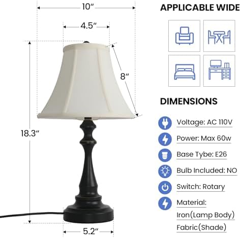 Traditional Table Lamp, Vintage Desk Lamp for Living Room with Fabric Shade, Farmhouse Bedside Lamp Black Finish for Bedroom Nightstand Office Hotel (Pack-01) - Image 5