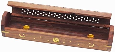 COTTON CRAFT Sheesham Wood Incense Burner Holder -Sun Moon Star Brass Inlay - Image 5