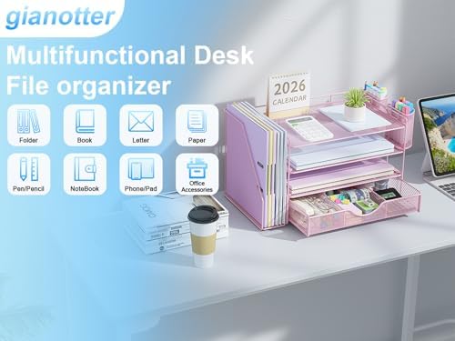 gianotter Desk Organizers and Accessories with File Holder, 4-Tier Desk Accessories & Workspace Organizers with Drawer and 2 Pen Holder, Paper Organizer for Office Supplies (Pink) - Image 3