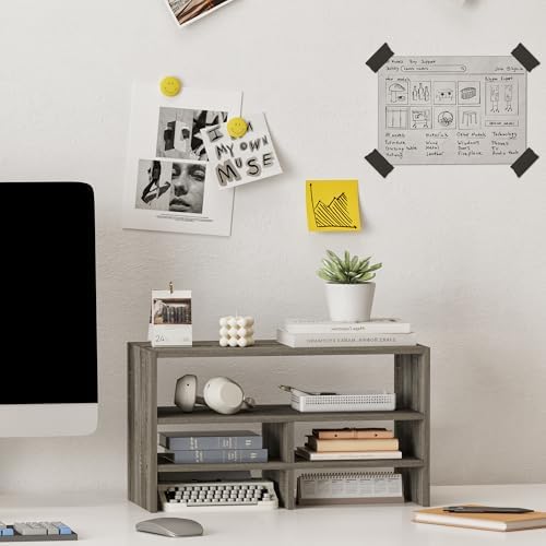 Wood Desktop Organizer Shelf with Five Storage Compartments, Vertical Desk Organizer with Three Shelves, for College Dorm Room, Office, Gray - Image 2