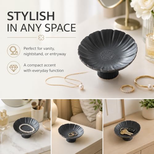 Ceramic Jewelry Dish Tray, Matte Black Lotus Ring Holder with Pedestal Base, Trinket Dish for Rings, Earrings and Necklaces, Vanity Organizer for Dresser, Nightstand or Bathroom, Gift for Women - Image 5