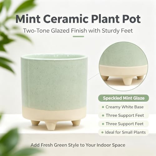 5in Two Tone Green Ceramic Footed Plant Pot, Green Pottery Container - Image 3