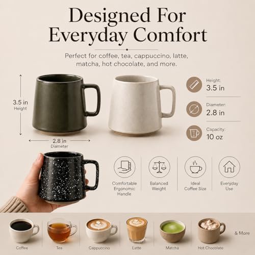 Ceramic Coffee Mugs Set of 4 – 10 oz Matte & Speckled Stoneware Mugs in Matte Black, Speckled Black, Olive Green & Ivory – Modern Minimalist Coffee Cups for Coffee, Tea, Latte & Cappuccino - Image 2