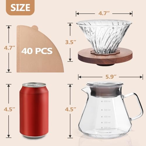 Pour Over Coffee Maker 20 OZ, 6 Cup Borosilicate Glass Drip Coffee Maker with 40 pcs V60 Paper Filter and Walnut Grip for Home Café 600 ML - Image 2