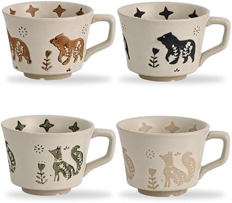 12 oz Vintage Ceramic Coffee Mug Set of 4 - Handmade Stoneware Pottery Countryside Farmhouse Fall Autumn Tea Mugs with Big Handle for Latte,Cocoa,Dishwasher & Microwave Safe Cups (Animals) by SwuutKitchen