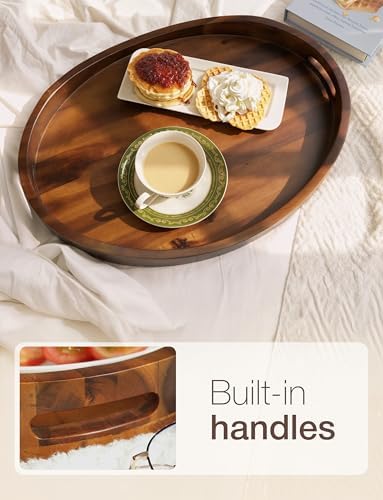 TIDITA Acacia Oval Wooden Serving Tray with Handle, 20"x15", Walnut Color - Image 3