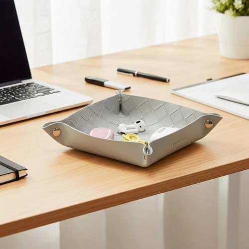 UnionBasic Small Valet Tray, Jewelry Tray for Rings Watches Earrings, Entryway Catchall Caddy for Coins Keys Change, Nightstand Bedside Valet Holder, Trays for Electronic Gadgets, Woven Light Gray - Image 6