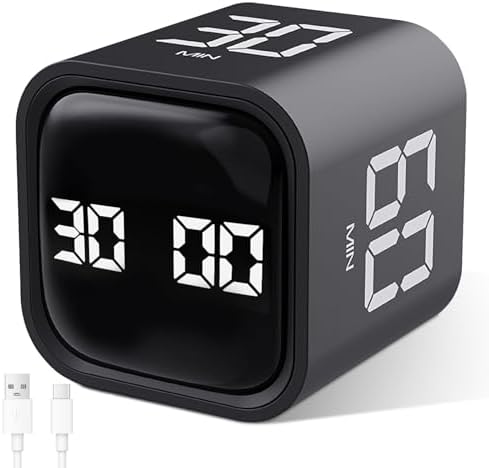GuDoQi Multi-Function Cube Timer, 5/10/30/60 Min & Custom Count Down, Included Pause & Resume Feature, Silent, Vibrate & Adjustable Sound Alarm for Productivity in Tasks, Study & Kitchen, Black by GuDoQi