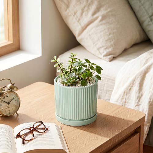Ceramic Plant Pots, 4 Inch Pots for Plants with Tray, Mint Green - Image 6