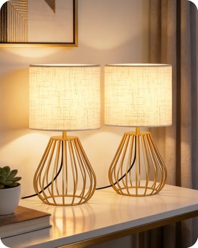 Gold Table Lamps Set of 2, Small Bedside Lamps Set of 2, 2700K LED Bulb Included, Gold Metal Base & Beige Linen Lampshade, Modern Nightstand Lamps for Bedroom, Living Room DE06TLP205 by GOEBLESON