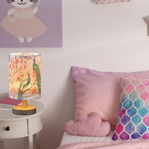 Fustylead Elegant Peacocks with Pink Floral Bedside Table Lamps with USB Port for Bedroom Lamp Small Nightstand Lamp Sturdy Linen Shade Wooden Decorative Lamps for Living Room Home Dorm Kids - Image 5