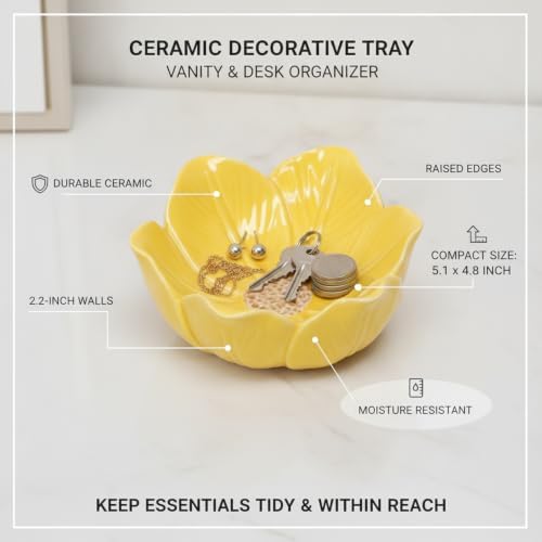 Ceramic Tulip Flower Catchall Tray, Small Jewelry & Key Organizer for Vanity Desk, Compact Decorative Dish with Raised Edges - Image 4