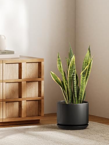LE TAUCI Ceramic Pots for Plants, 10 Inch Plant Pot with Drainage Hole & Saucer, Sturdy & Modern Planters for Indoor Plants, Includes Mesh Screen, Fits Snake Plant & Monstera, Black - Image 2