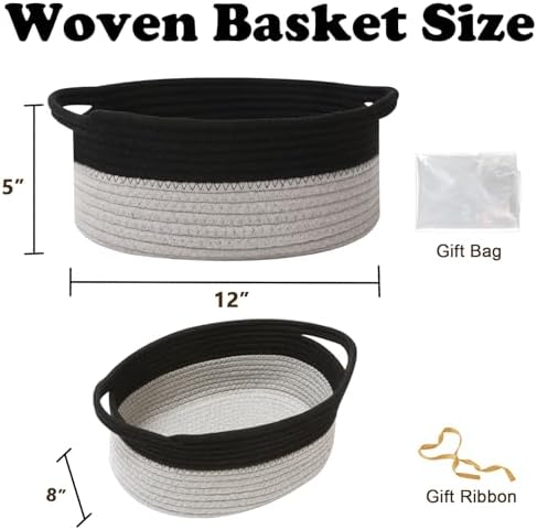 Woven Rope Basket - Baby Gift Basket with Bag & Ribbon, Black&Grey - Image 2