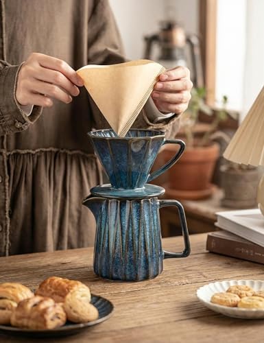 Pour Over Coffee Maker Set, Vintage Ceramic Coffee Dripper with 50 Paper Filters, 15oz/450ml, for Home Café Restaurant Camping - Image 4
