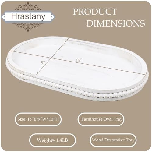Hrastany Whitewashed Oval Wood Coffee Table Serving Tray with Beads for Ottoman - Image 3