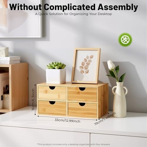 Bamboo Desk Organizer Small Retro Bamboo Tabletop Storage Box with Drawers& Recess Handles for Office Home Supplies Table Storage Collector 13 * 7.5 * 6in (4 Drawers) - Image 2