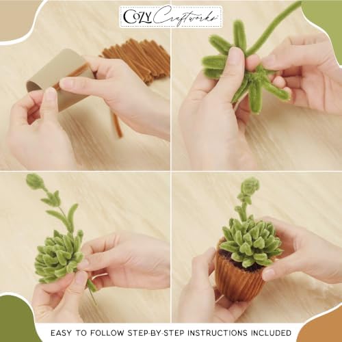 WeVeel Cozy Craftworks Four Small Plants Chenille Stem Craft Kit Bundle for Teens & Adults – Mindful DIY Plant Craft, Tactile Pipe Cleaner Art Kit with QR Video Tutorials - Image 7