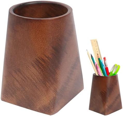 Wooden Pencil Holder, Walnut Wood Pen Cup, Desk Accessories, 4 Inch Organizer Caddy Stand, Vintage Rustic Box for Desktop, Men Supplies, Makeup Brushes, Stationery, Offices Decoration (Dark Brown) by Marsrut