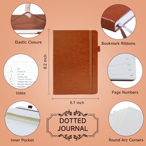 feela Dotted Journal Kit, Dot Grid Journal Hardcover Planner Notebook Set For Beginners Women Girls Note Taking with Journaling Supplies Stencils Stickers Pens Accessories, A5, 224 Pages, Brown - Image 2