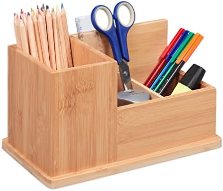 Relaxdays Bamboo Pencil Holder, Organiser for Desk, Bathroom and Office, 3 Compartments, Pen Box H x D: 14 x 24.5 x 14 cm, Natural, 90% 10% fibreboard, 14 x 24,5 x 14 cm by Relaxdays