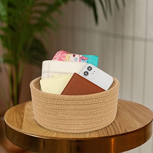 ABenkle Small Woven Basket, Empty Tiny Shallow Storage Basket, Mini Cotton Rope Baskets, Round Decorative Hamper, Basket Storage Bins for Toys, Spa, Socks, Nursery, Living Room- Brown - Image 3