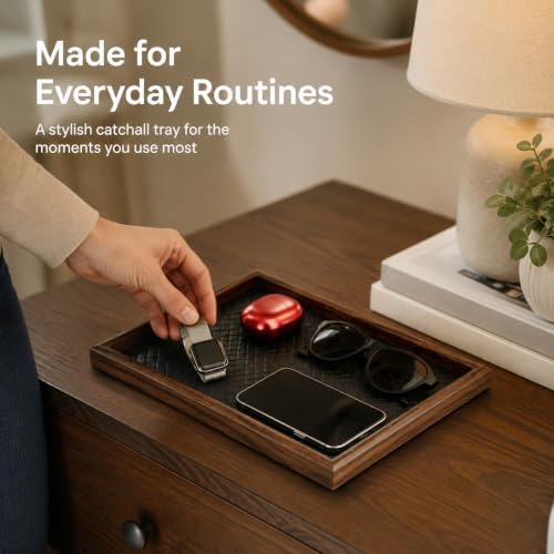 Wooden Valet Tray, 12X8 Inch Desk Organizer with Leather Base, Entryway Bedside Dump Holder for Wallets, Keys, Watches, Jewelry & Sunglasses(Black) - Image 4